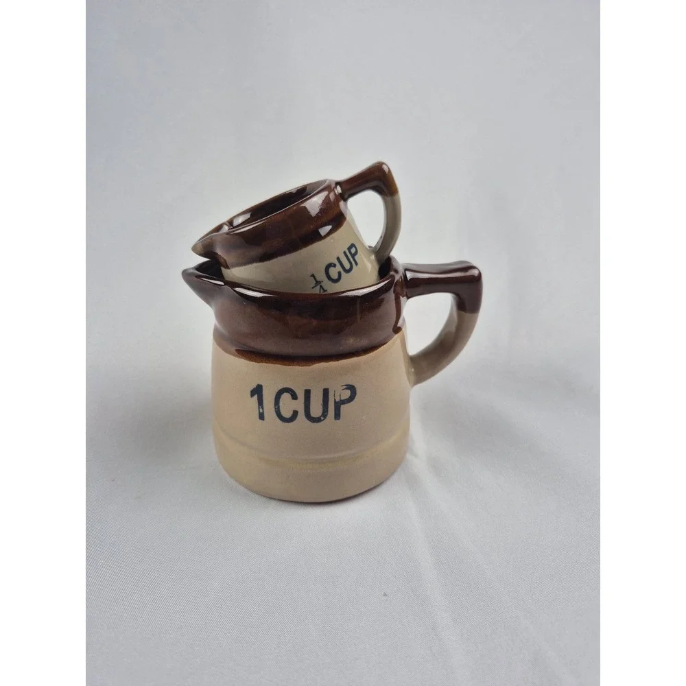 Vintage Stoneware Measuring Cup Set 1 Cup & 1/4 Cup Brown Tan Ceramic Pitchers